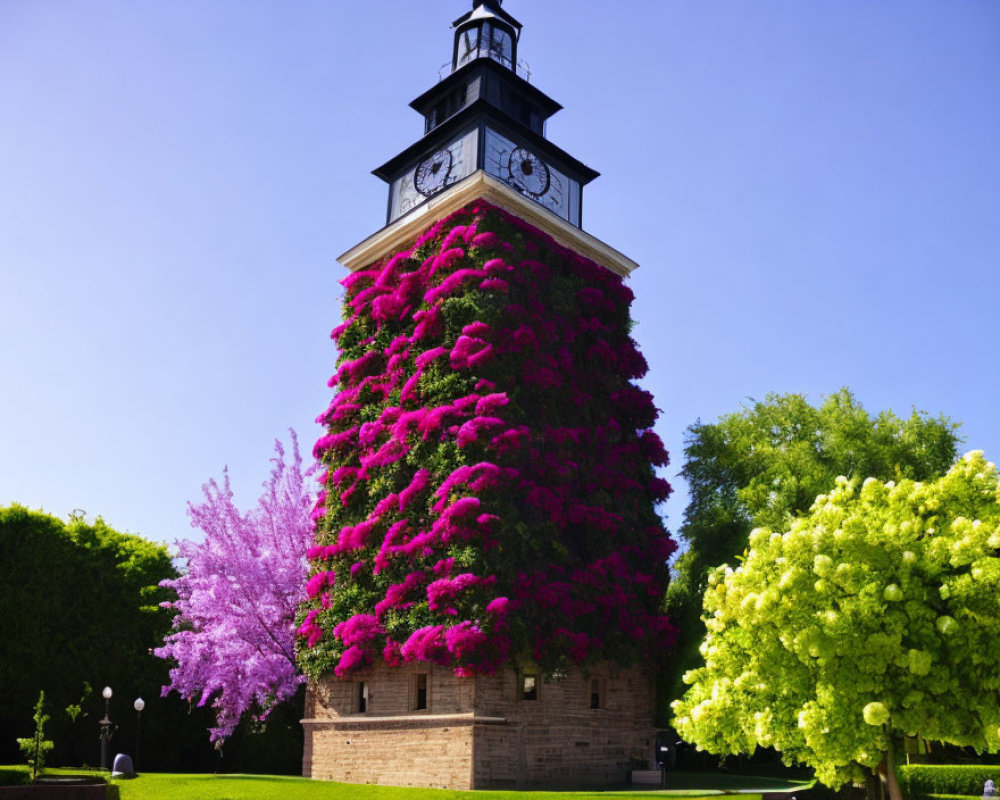 Clock tower surrounded by pink bougainvillea and lush greenery