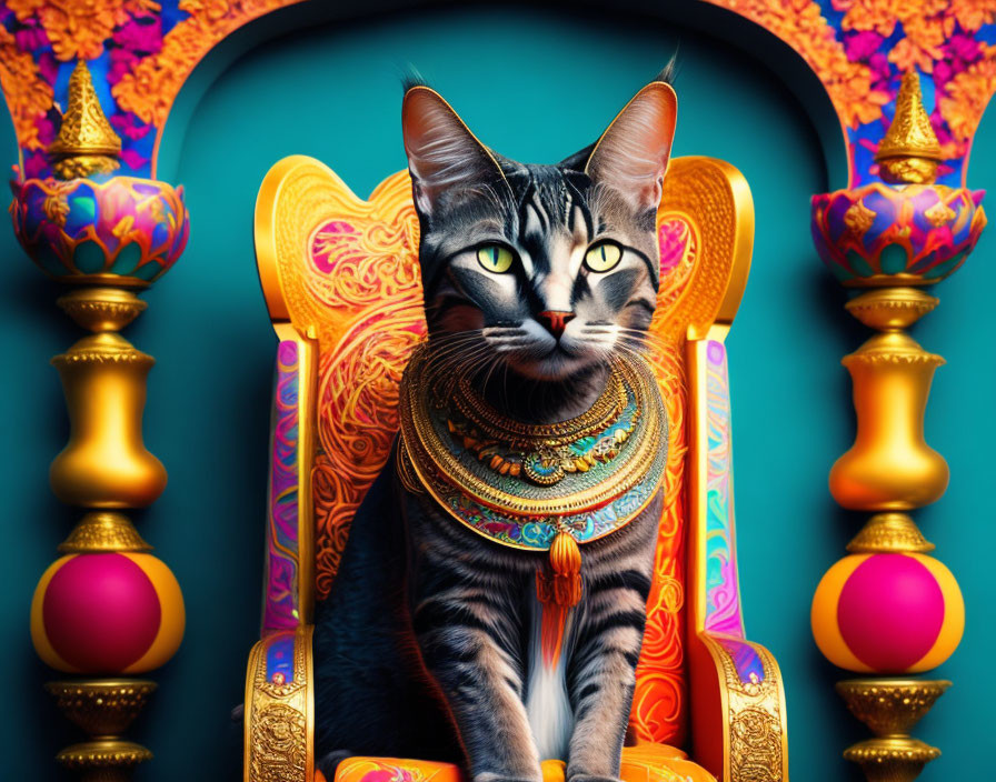 Tabby cat adorned with jewelry on colorful throne.