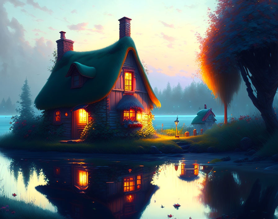 Tranquil lake at dusk with glowing cottage nestled among trees