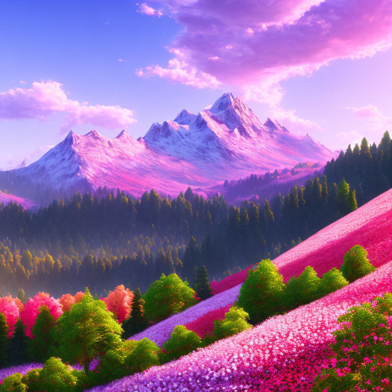 Scenic landscape with pink skies, snow-capped mountains, colorful forests, and blooming fields