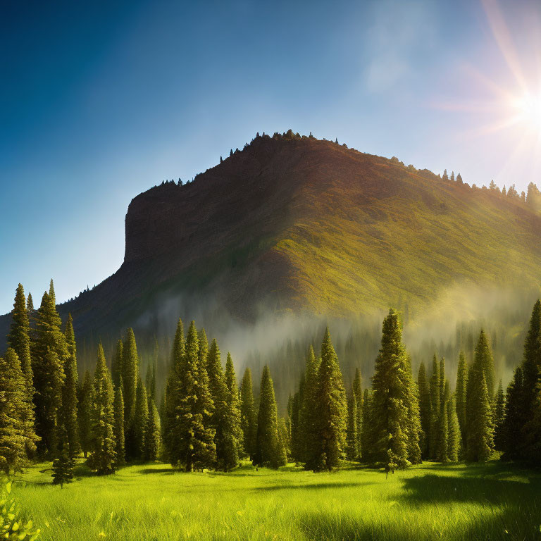 Misty Forest Sunrise with Conifers and Mountain View