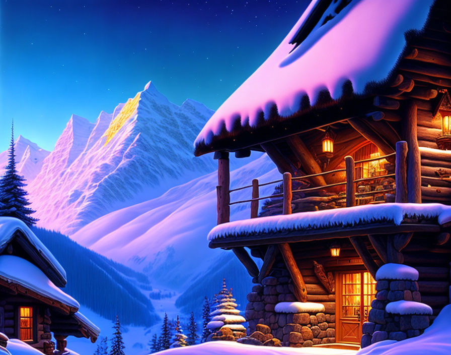 Snow-covered log cabin in starlit night with snowy mountains and forest.