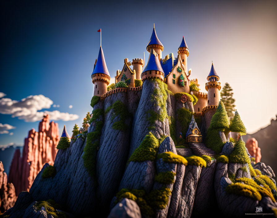 Majestic fantasy castle on rocky hill with spires and flags amidst lush greenery at sunset
