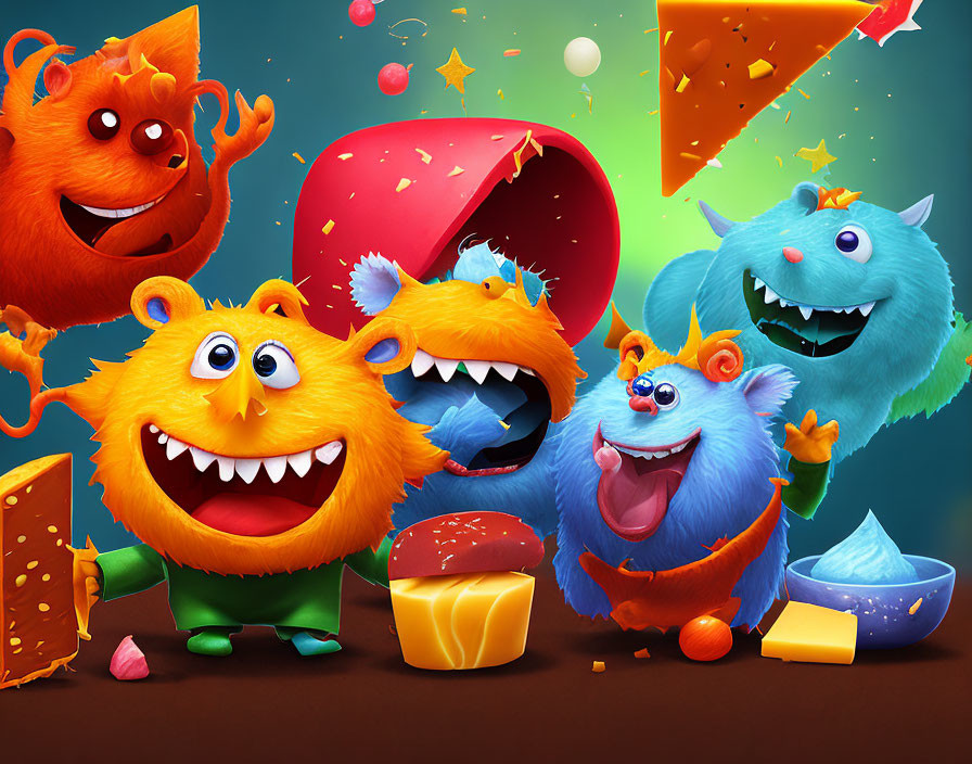 Vibrant cartoon monsters enjoying cheese on colorful background