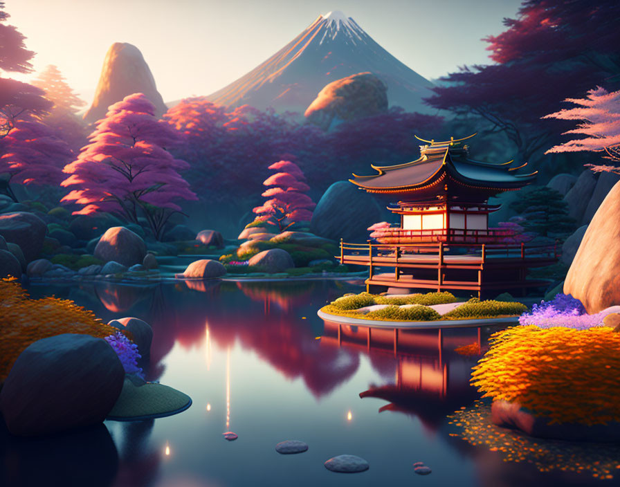 Traditional Japanese garden with pagoda, vibrant flora, pond, and Mount Fuji at sunset