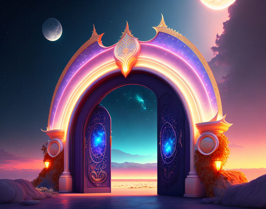 Intricate archway under twilight sky with stars, crescent moon, and distant mountains