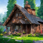 Wooden cottage with stone chimney in lush forest setting at dusk