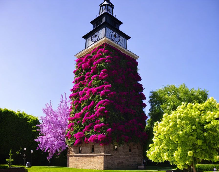 Clock tower surrounded by pink bougainvillea and lush greenery