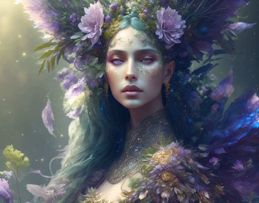 Teal-haired woman in mystical headdress with glowing aura and floating petals