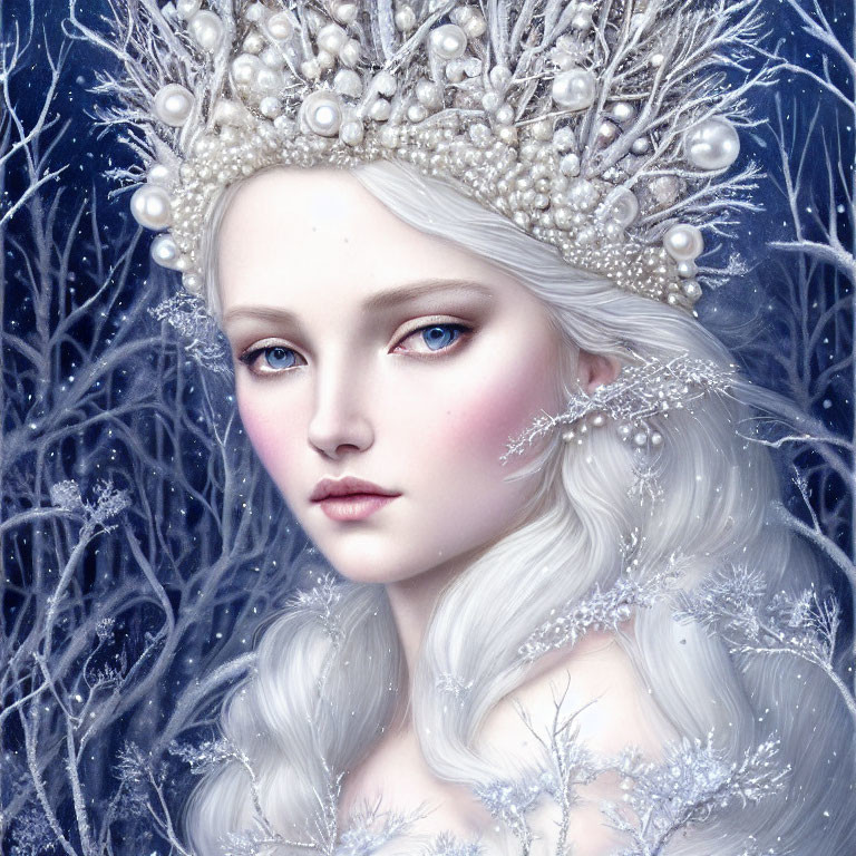 Illustration of woman with pale skin, blue eyes, white hair, pearls, branches, wintry