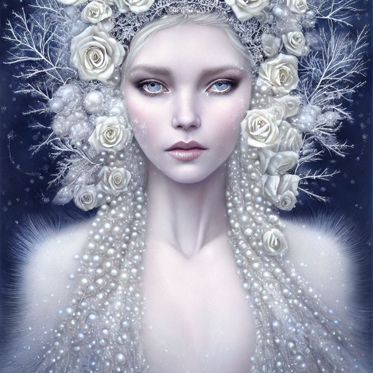 Pale woman with striking eyes adorned with white roses and pearls on frosty blue background