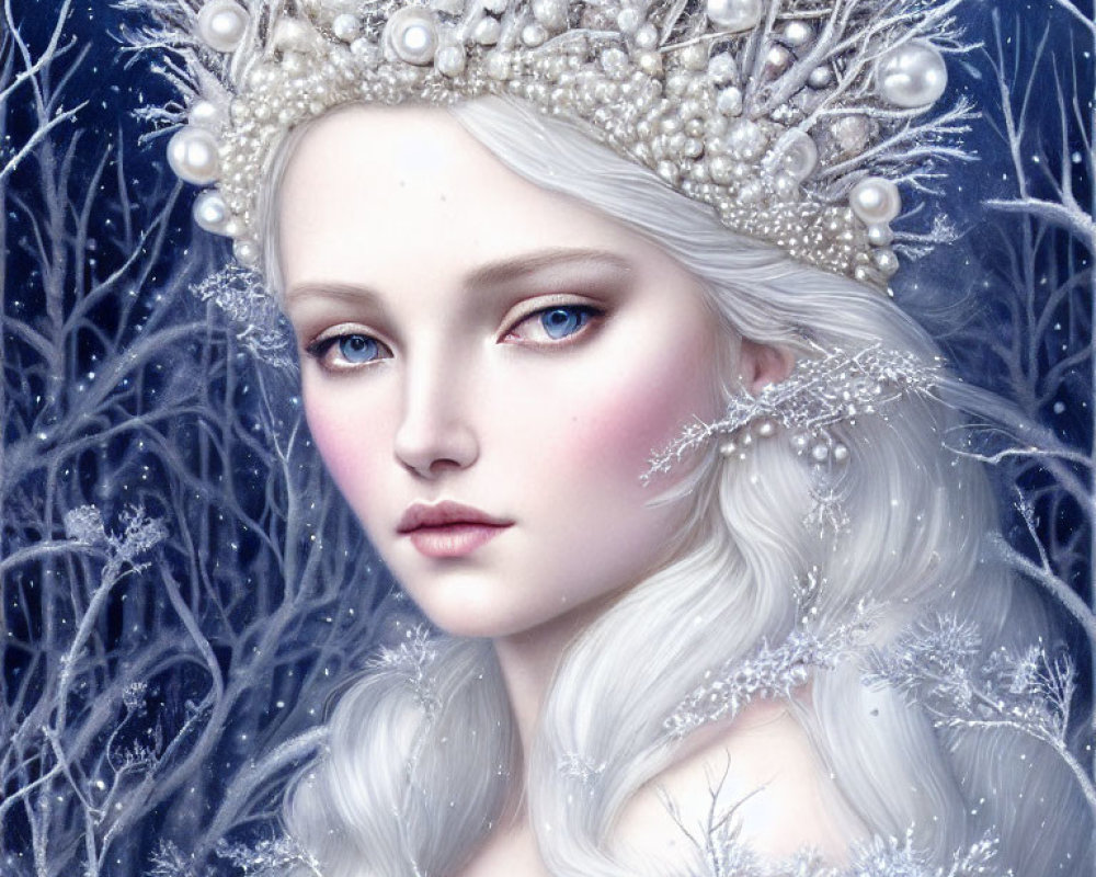 Illustration of woman with pale skin, blue eyes, white hair, pearls, branches, wintry