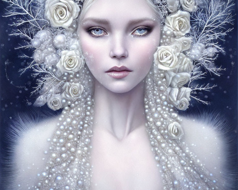 Pale woman with striking eyes adorned with white roses and pearls on frosty blue background