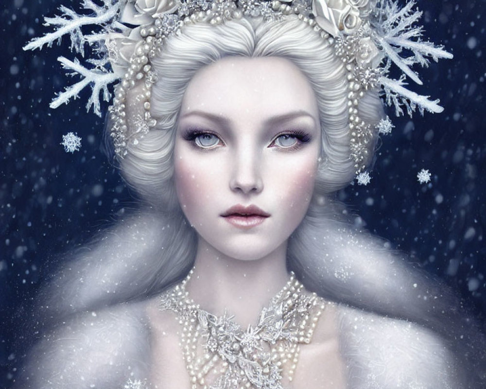 Pale-skinned woman with floral crown and crystal necklace in snowy scene