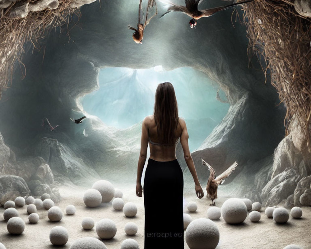 Woman in cave with spherical rocks and birds flying towards light.