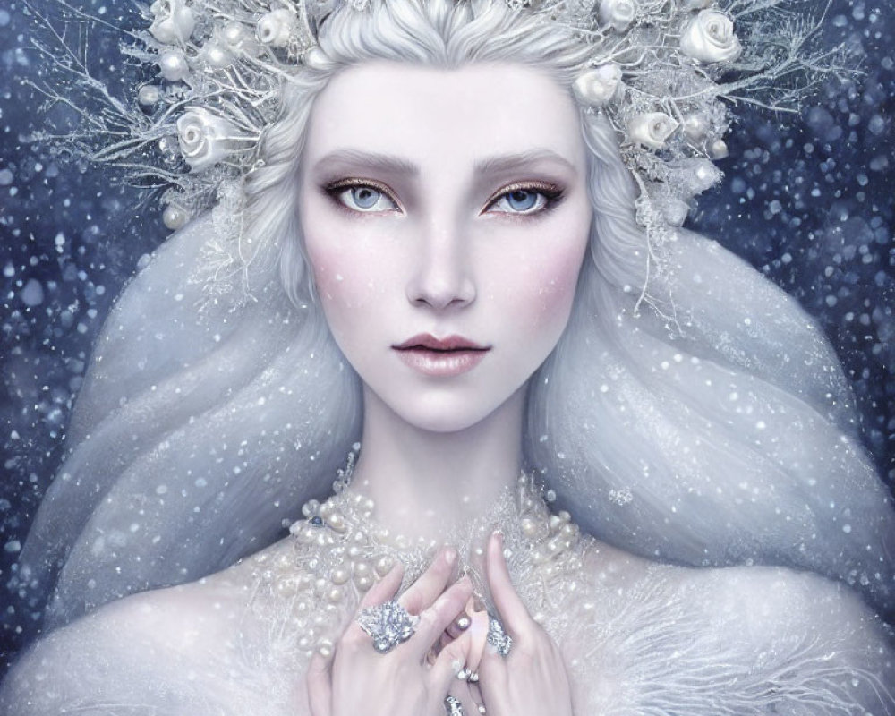 Pale-skinned woman in pearl headdress and fur, amid snowflakes