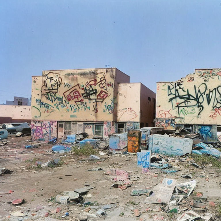 Graffiti-covered walls and debris in urban area