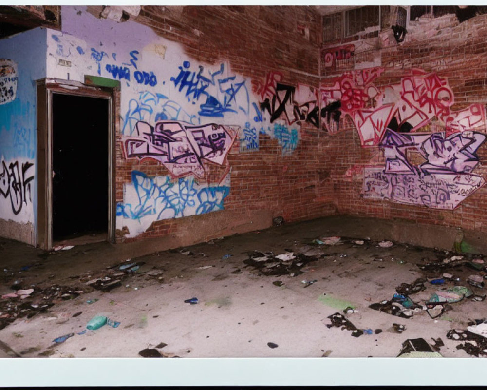 Abandoned room with colorful graffiti on brick walls