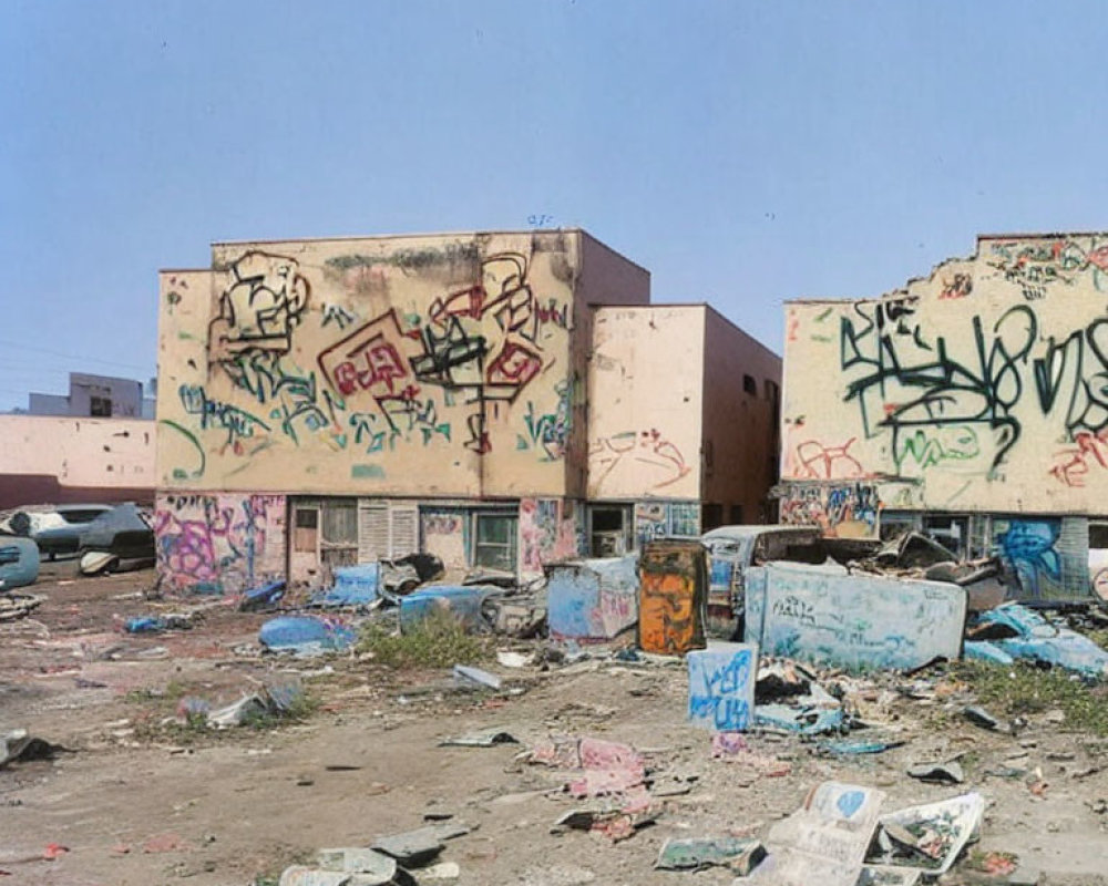 Graffiti-covered walls and debris in urban area