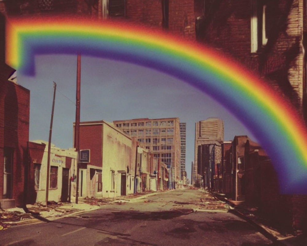 Colorful rainbow over deserted city street with buildings under clear sky