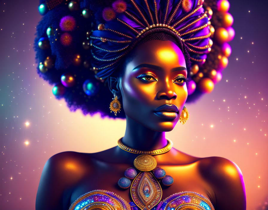Intricate Woman Portrait with Ornate Headdress on Luminous Background