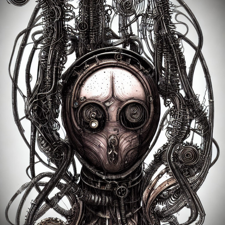 Detailed sketch of humanoid-faced robot with intricate mechanical tendrils.