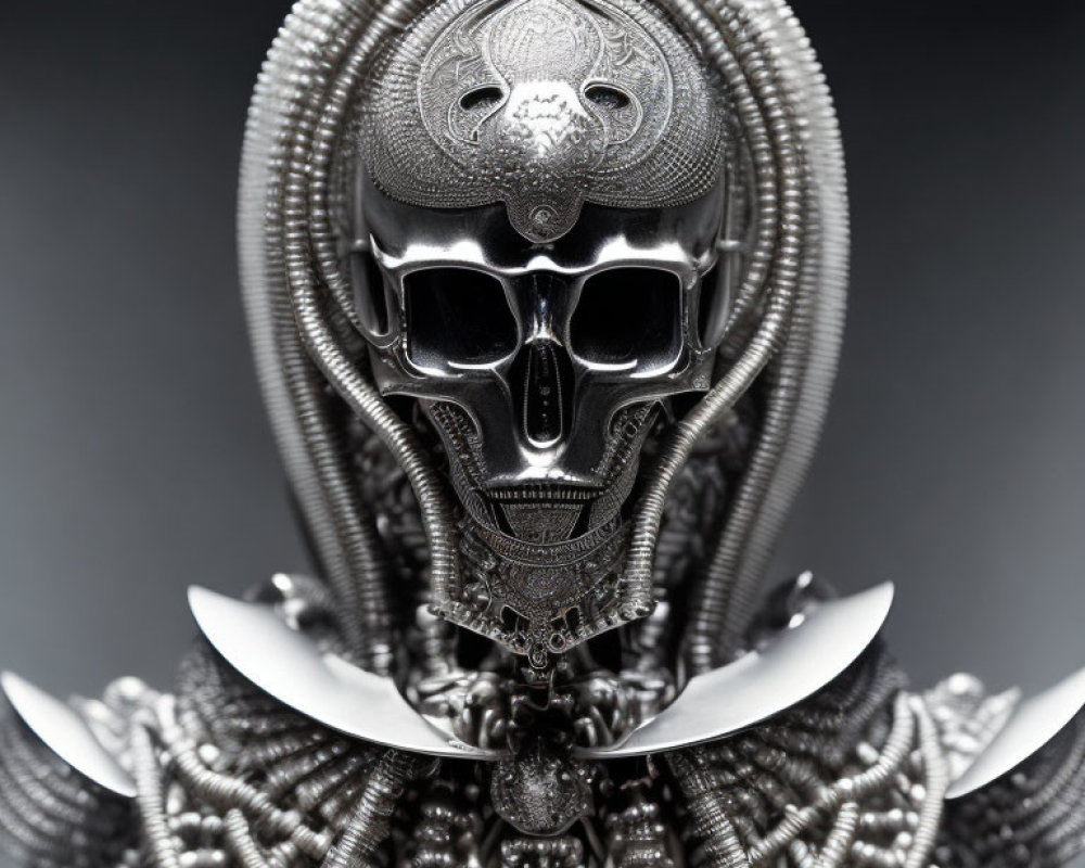 Intricate metallic skull with chainmail and curved blades on dark background
