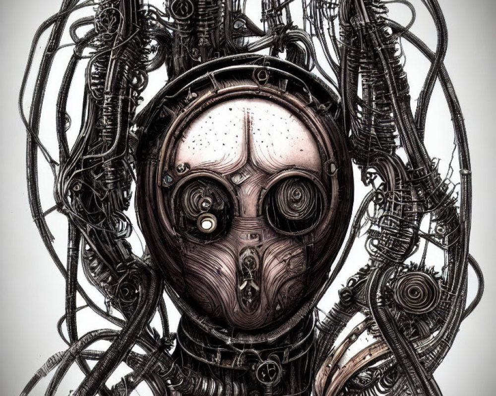 Detailed sketch of humanoid-faced robot with intricate mechanical tendrils.