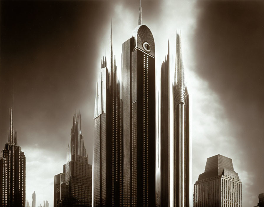 Monochromatic futuristic cityscape with sleek Art Deco skyscrapers