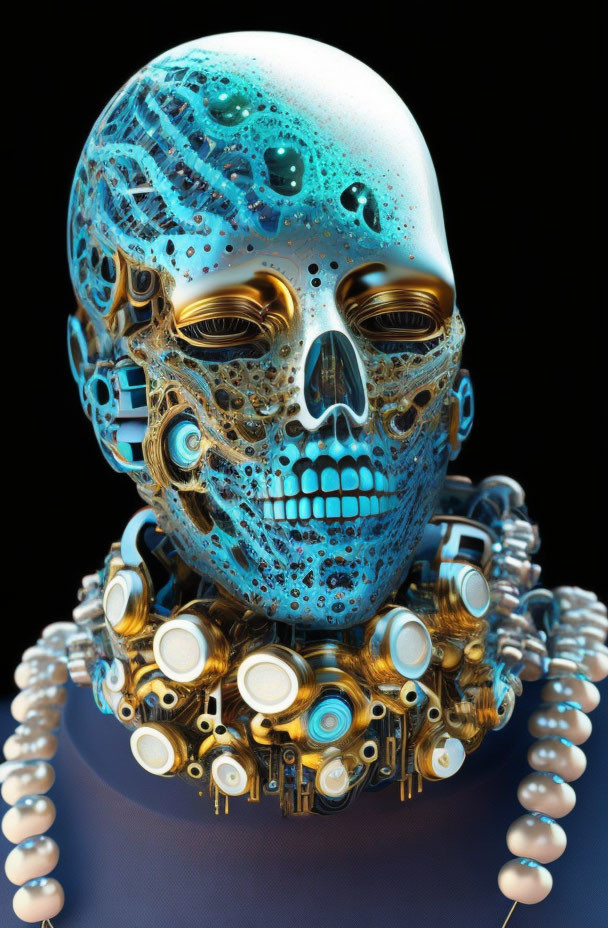 Intricate Blue and Gold Mechanical Skull Artwork on Dark Background