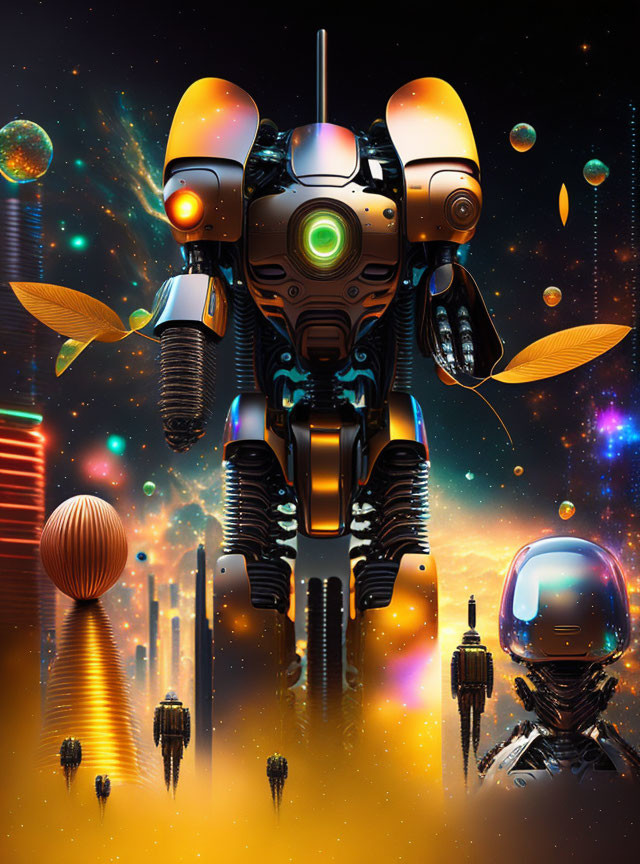 Futuristic robot with glowing green eye in surreal, colorful space scene