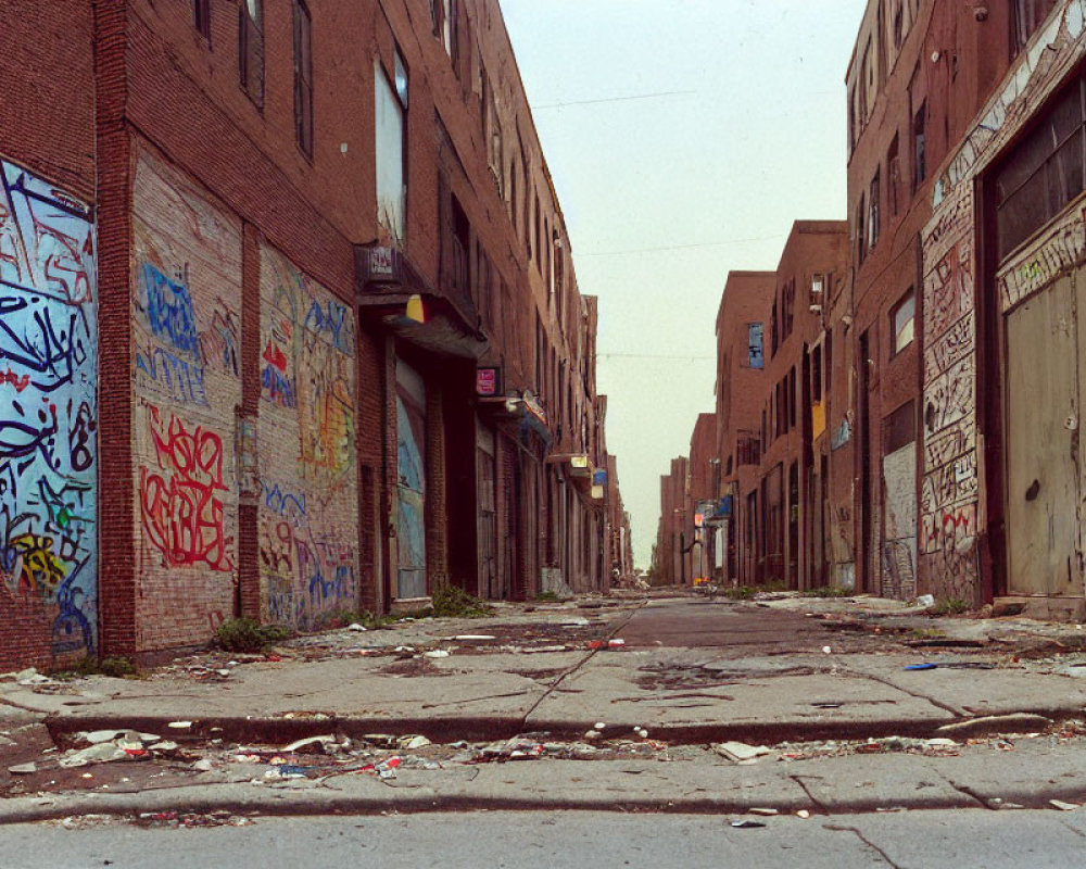 Urban alley with graffiti, debris, and derelict buildings