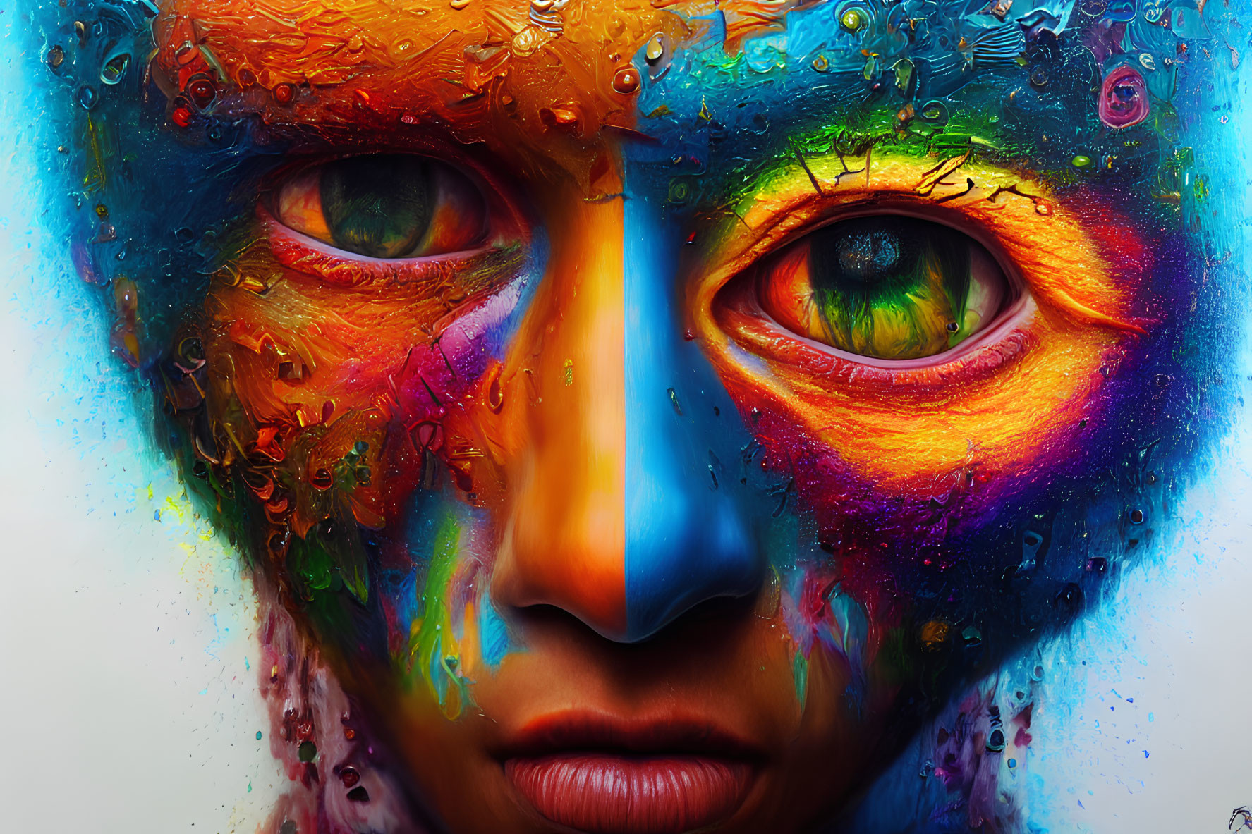 Detailed close-up of vibrant, colorful face with realistic eyes and textured, paint-dripped skin.