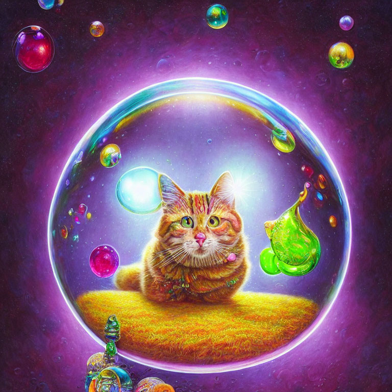 Orange Tabby Cat in Iridescent Bubble on Purple Space Background