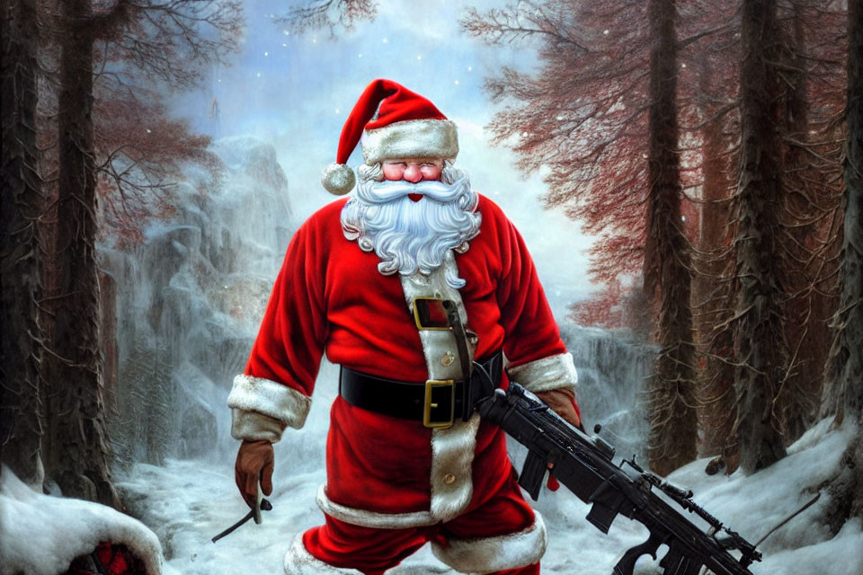 Santa Claus in Red Suit with Rifle in Snowy Forest
