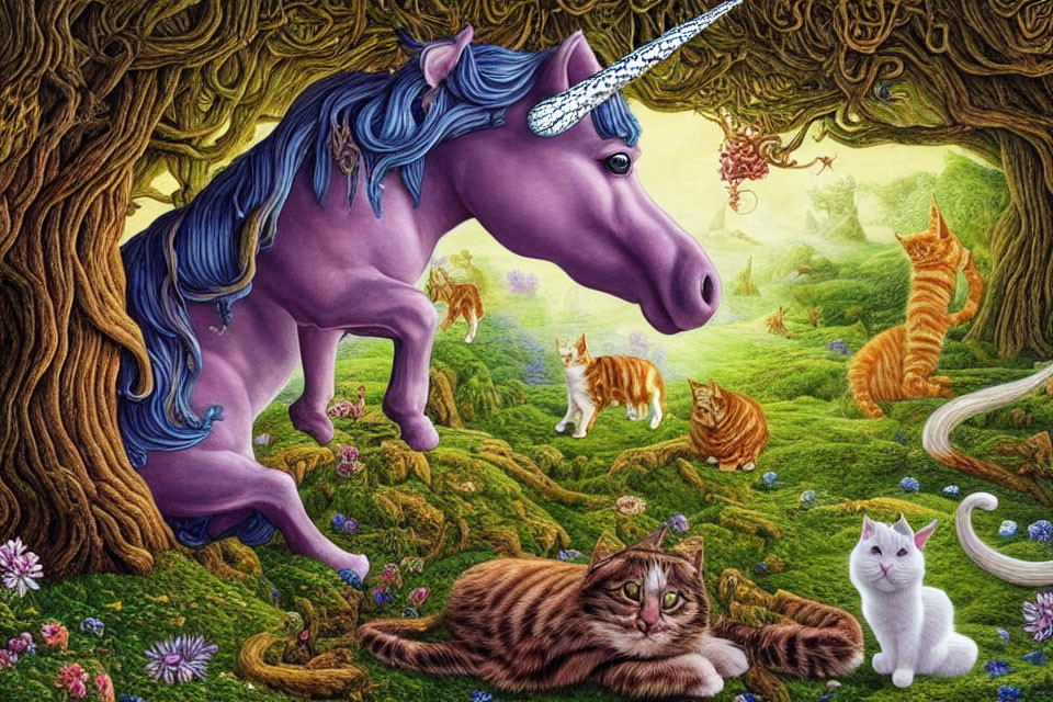 Majestic unicorn in vibrant fantasy landscape with playful cats