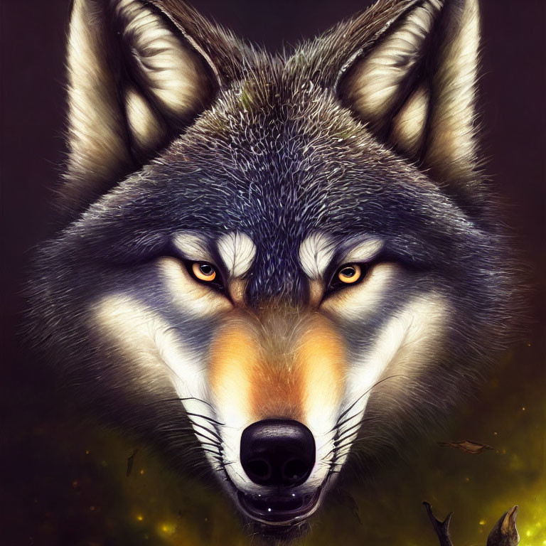 Detailed digital painting of a wolf's face with yellow eyes and textured fur on dark background
