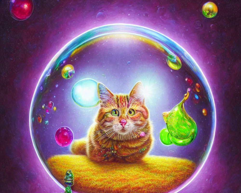 Orange Tabby Cat in Iridescent Bubble on Purple Space Background