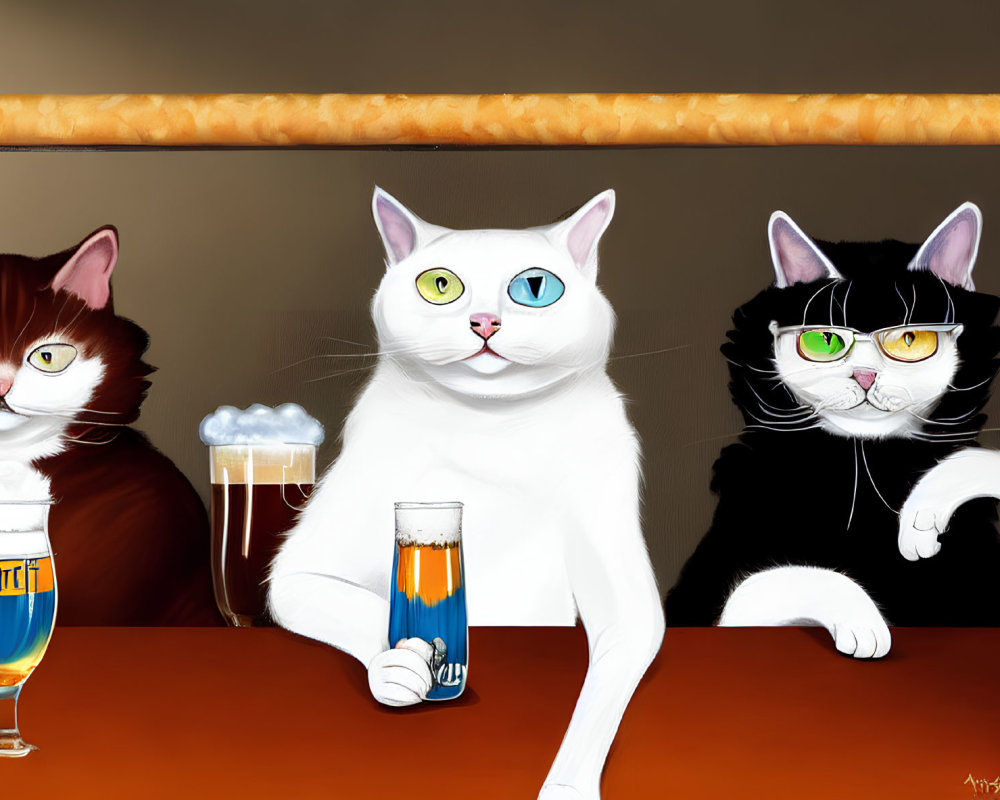 Three cartoon cats with human-like eyes sitting at a bar with beer glasses