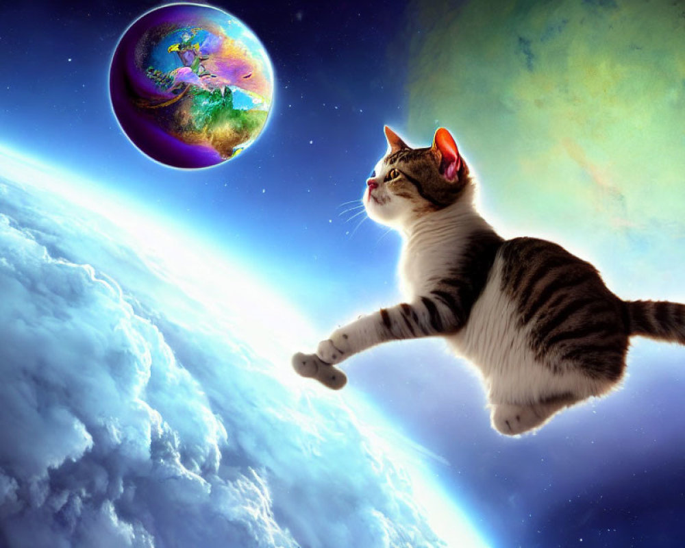 Floating cat reaches for Earth-like planet in space