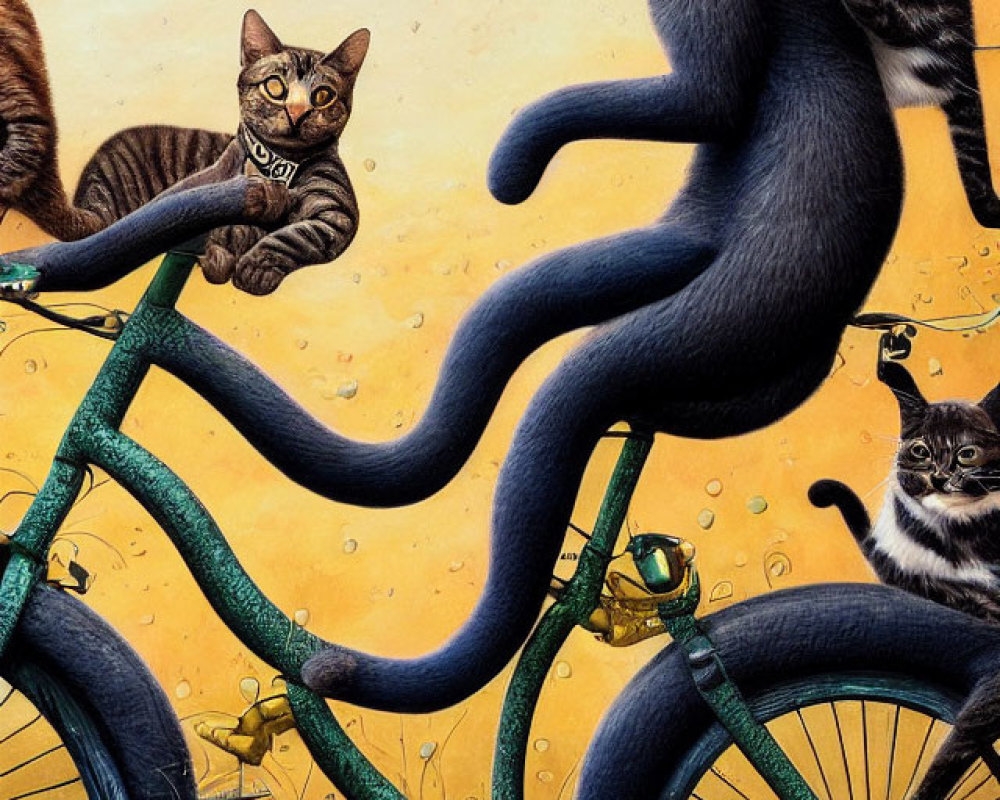 Whimsical illustration of cats on vintage teal bicycle
