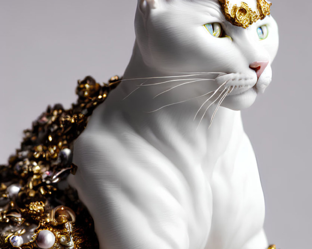 White cat with gold jewelry and crown on gray background