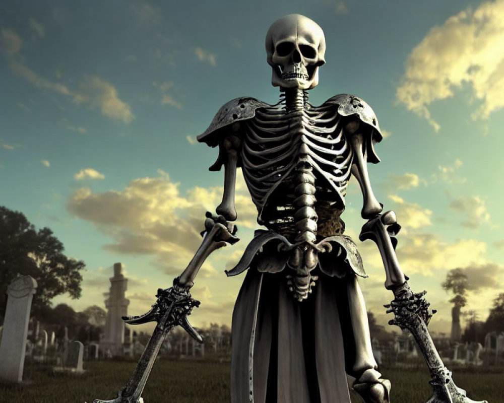 Armored skeleton with sword in cemetery under cloudy sky