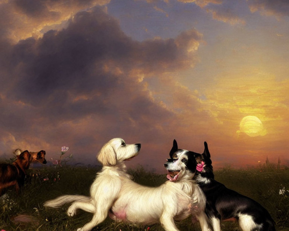 Three dogs in field at sunset with flowers, one watching under dramatic sky