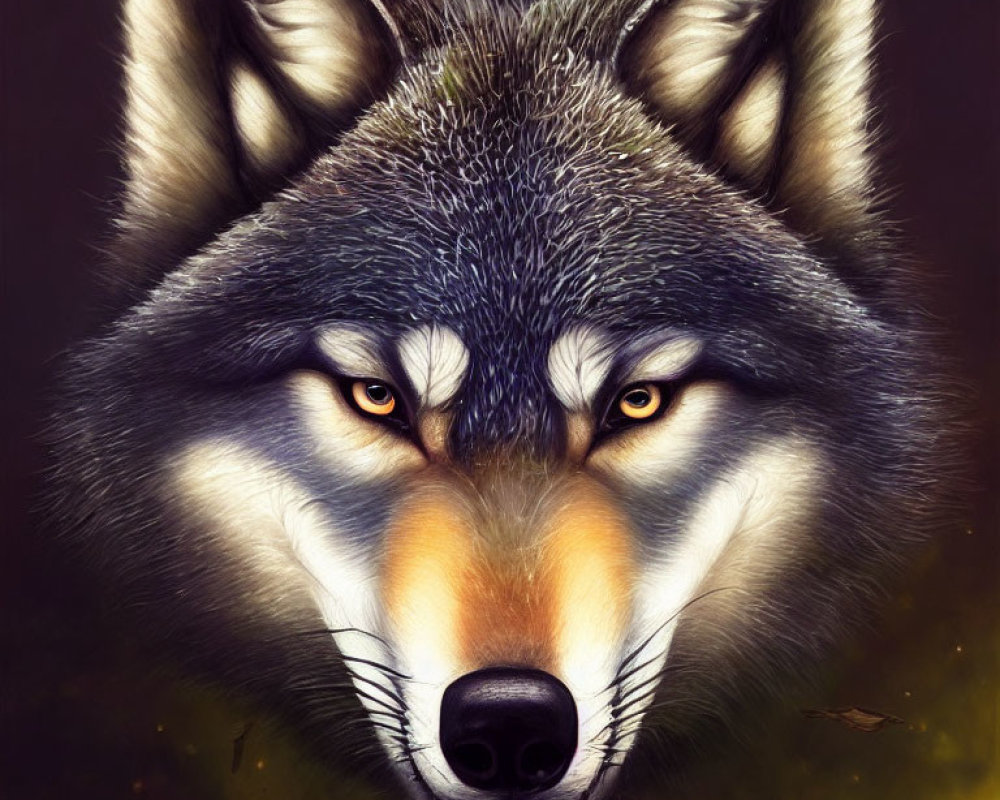 Detailed digital painting of a wolf's face with yellow eyes and textured fur on dark background