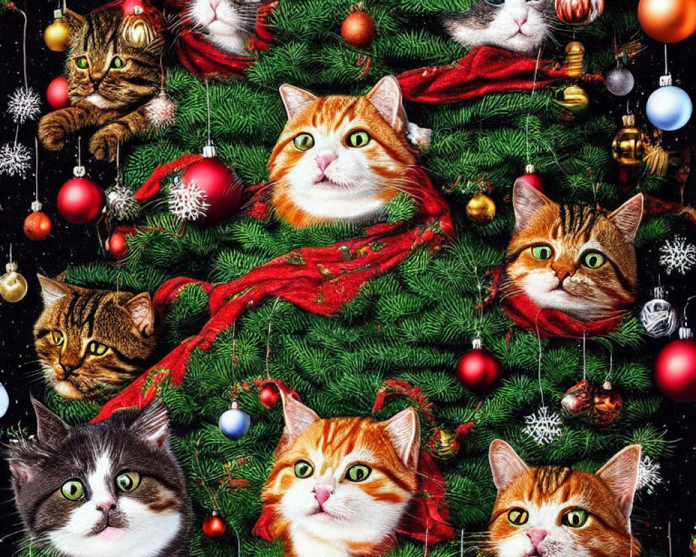 Festive cat-themed Christmas pattern on dark background