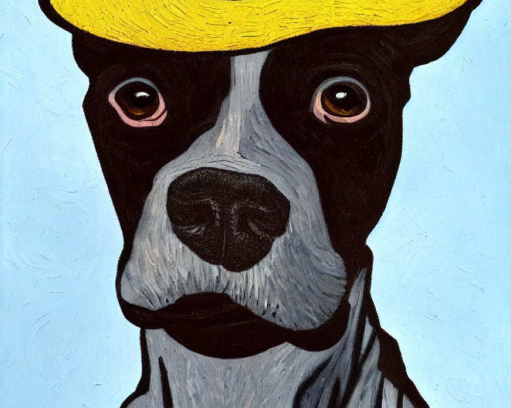 Stylized painting of a solemn dog in a yellow hat on blue background