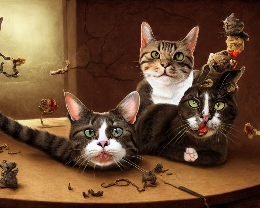 Whimsical cats and miniature mice in warm, artistic setting