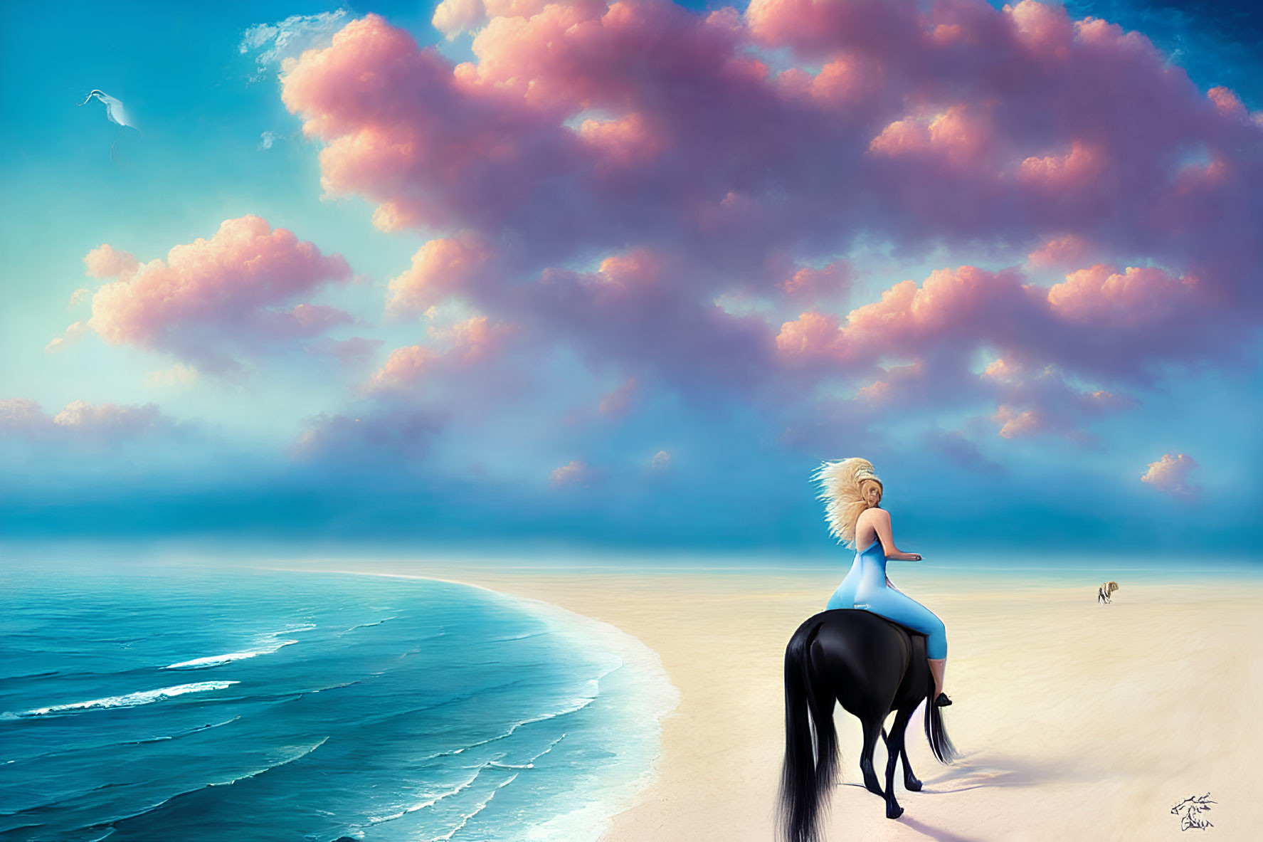 Blonde woman riding black horse on beach under pink sky