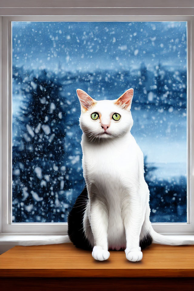 Black and White Cat with Green Eyes on Snowy Windowsill